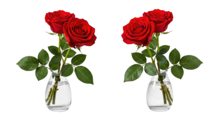 Two red roses in vases transparent background cutout png