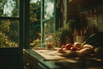 Golden light illuminates a rustic kitchen with fresh produce and herbs.