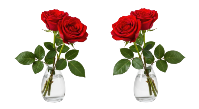 Two red roses in vases transparent background cutout png