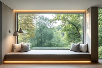 Fototapeta premium A crisp window alcove with frameless glass, pale gray seating, and minimalist lighting 