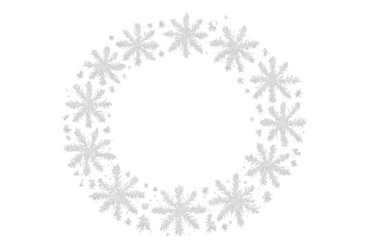 White snowflake wreath creating a circle frame, winter seasonal decoration and frosty border element with transparent background