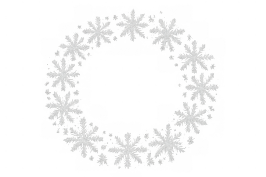 White snowflake wreath creating a circle frame, winter seasonal decoration and frosty border element with transparent background