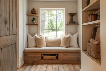 A deep-set window nook with oak wood bench, soft beige pillows, and open shelving