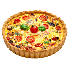 Savory Quiche Tart with Tomatoes and Basil Isolated on White