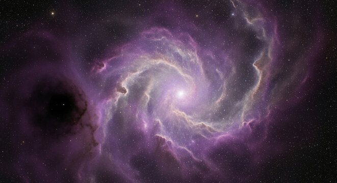 Digital rendering of a spiral galaxy with purple nebulae, showcasing a cosmic phenomenon, representing universe, creation, and stellar evolution