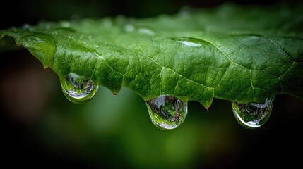 Close up of water droplets on a green leaf showing reflection and texture