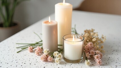 Cozy Minimalist Candle Arrangement with Dried Flowers and Warm Light