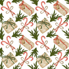 Watercolor Christmas pattern with candy canes and gifts.