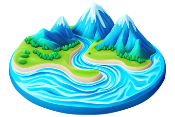 Dynamic 3d wild river icon with cascading rapids and lush greenery perfect for gaming or nature themes transparent background