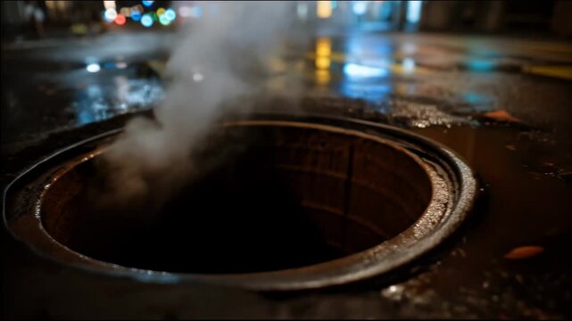 Steam rises from a manhole on a wet night street, slowly dispersing under the streetlights