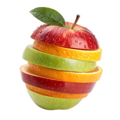 Stacked Fruit Slices Forming an Apple Shape with Red, Green, and Orange Layers, Isolated on White Background