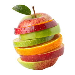 Stacked Fruit Slices Forming an Apple Shape with Red, Green, and Orange Layers, Isolated on White Background