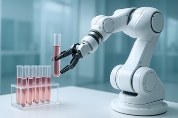 Robotic arm holding test tube with red liquid in laboratory, automation in scientific research and development