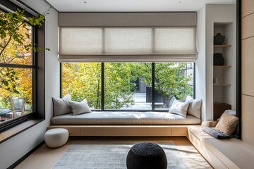 A floor-to-ceiling window nook with wide ledge seating and minimalist roman shades 