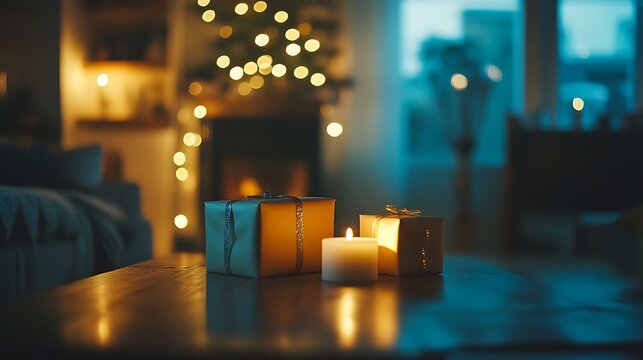 Calm holiday evening with soft light from tree and fireplace gifts scattered around
