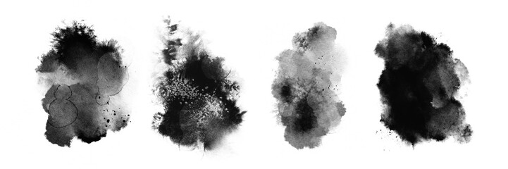 Abstract ink blob set, grunge art. Black paint stroke texture in marble style. Wallpaper design. Hand drawn watercolor isolated illustration