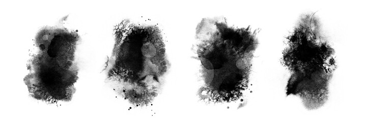 Abstract ink blob set, grunge art. Black paint stroke texture in marble style. Wallpaper design. Hand drawn watercolor isolated illustration © pim