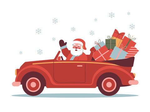 Santa Claus waves from a vintage red car filled with Christmas presents.