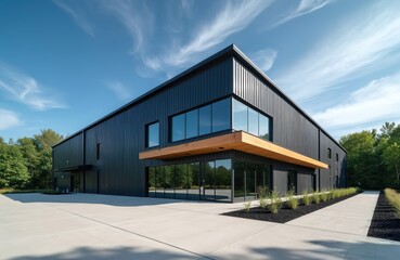Fototapeta premium Modern industrial building stands against bright blue sky. Structure features dark metal cladding, expansive windows. Landscaped grounds surround facility offering serene rural setting. Image