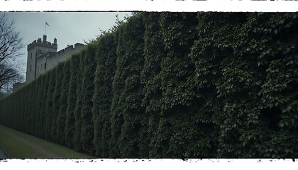 Dense yew tree barrier surrounding a castle wall on a grey day with a sense of protection and history