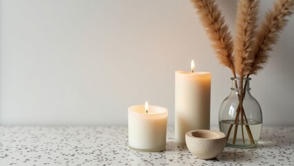 Elegant composition of white candles and dried flowers in soft natural lighting. Aesthetic home decor scene perfect for relaxation, hygge lifestyle, and minimalist interior inspiration