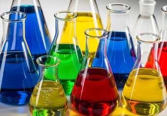 Colorful laboratory glassware with various chemical liquids used in scientific experiments isolated on white background