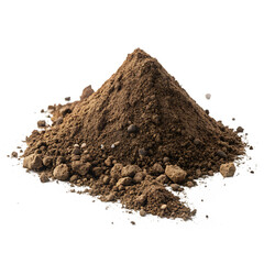 A pile of dark brown soil and small rocks against a black background in a studio setting image