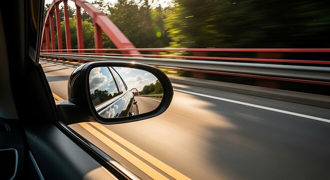 Reflection in car side mirror of a bridge and trees during a fast drive - Powered by Adobe