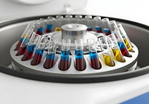 Close up of laboratory centrifuge with test tubes filled with colorful liquid isolated on white background
