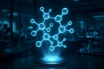 Advanced molecule structure hologram in a dark science lab setting, showcasing cuttingedge technology and research