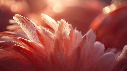 Close up view of flamingo feathers in warm sunlight with bokeh