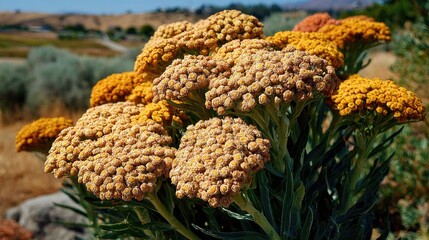 Close up view of vibrant yellow and brown wildflowers in natural sunlight