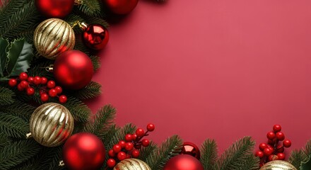 Festive Garland: An inviting holiday garland composed of vibrant red and gold ornaments and lush green pine needles gracefully adorns a backdrop of festive color, perfect for holiday greetings.