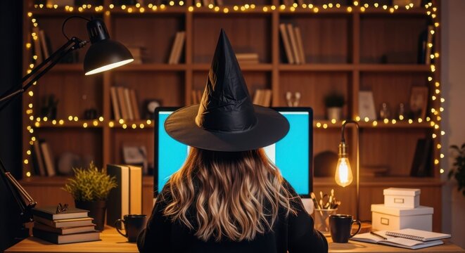 Sorceress at Work: A mysterious sorceress, cloaked in a pointed hat, is engrossed in her work at a desk illuminated by warm lights, surrounded by books and the soft glow of a computer screen.