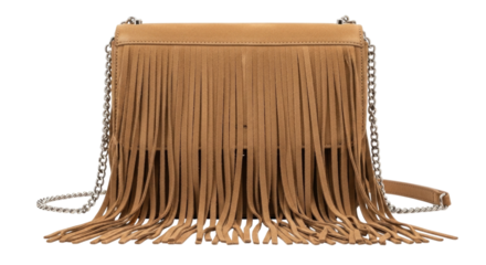 Brown suede fringe crossbody bag transparent background cutout png