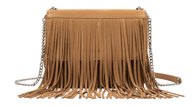 Brown suede fringe crossbody bag transparent background cutout png