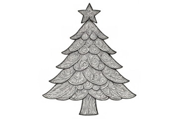 Christmas tree doodle art featuring intricate zentangle patterns and a star on top, creating a festive decorative element for holidays. Transparent background