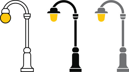 Stylized street lamps, three color variations, curved arm design, yellow bulb, vector illustration, urban lighting icons, decorative outdoor elements