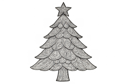Christmas tree doodle art featuring intricate zentangle patterns and a star on top, creating a festive decorative element for holidays. Transparent background