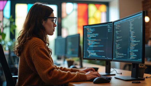Young woman with glasses codes on desktop computer with multiple screens in modern tech office. Types on keyboard, focused on programming app development. Female software engineer develops innovative - Powered by Adobe