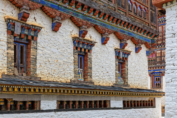Walls and windows of Ogyen Choling manor, a historic and cultural site, rebuilt in 1898, on a site from the 14th Century