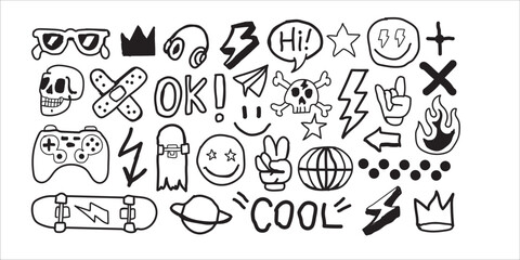 
Hand Drawn Doodle Sticker Set Cool Urban Youth Culture Icons and Symbols