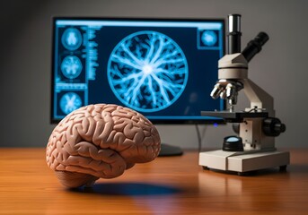 Human brain model and microscope for neurological research and medical study concept