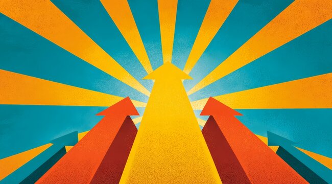 Colorful image of a rainbow with a series of arrows pointing upwards. Concept of growth and progress