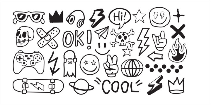 
Hand Drawn Doodle Sticker Set Cool Urban Youth Culture Icons and Symbols