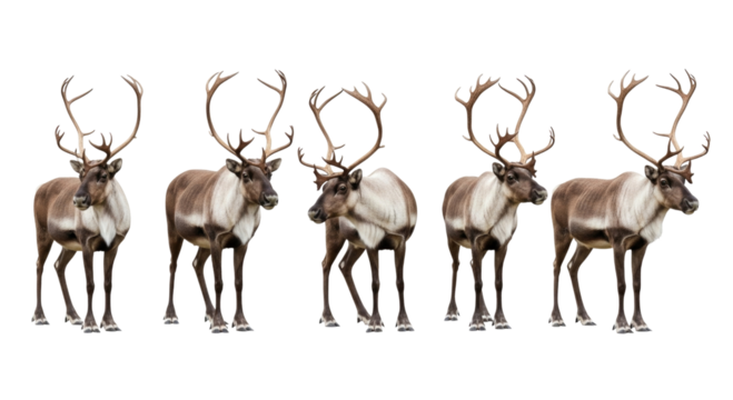 Five reindeer standing together transparent background cutout png