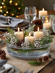 A festive Christmas centerpiece with three lit candles in a glass bowl. Rustic holiday table setting with pinecones and winter greenery. Cozy and elegant dinner party decor