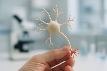 Hand holding neuron model in lab, representing neuroscience research and cellular biology study