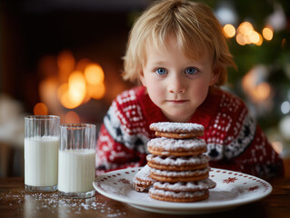 Little boy with cookies and milk on Christmas eve. Cute child in a festive sweater by a cozy fireplace. Holiday tradition and winter celebration