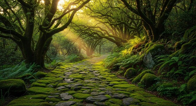 Discover a magical forest path with sunlight filtering through the trees, perfect for fantasy novels, travel brochures, or nature documentaries